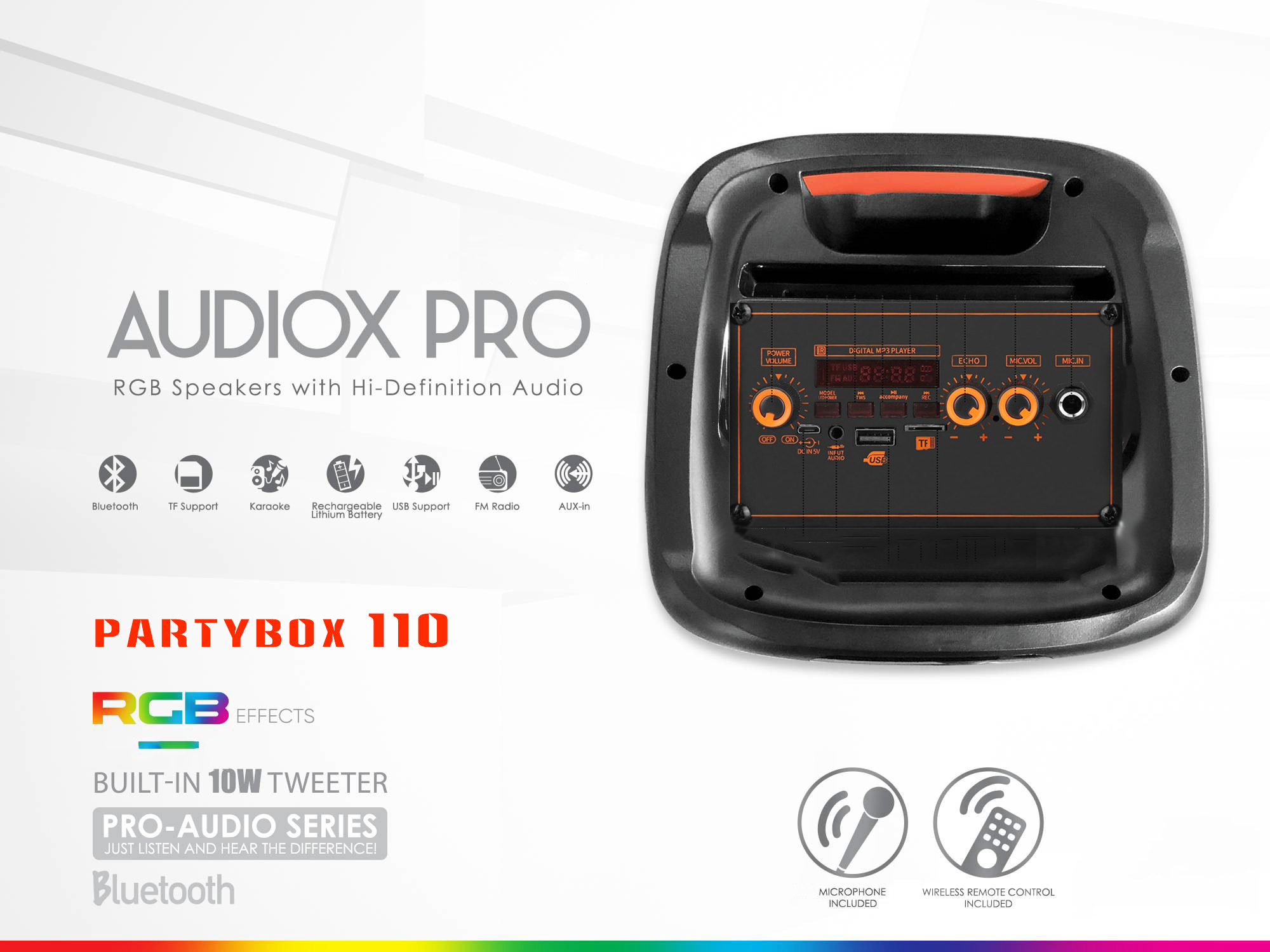 Portable Wireless Bluetooth PartyBox RGB Karaoke Speakers, Heavy Bass, Bluetooth 5.0 Partbox110-Promo