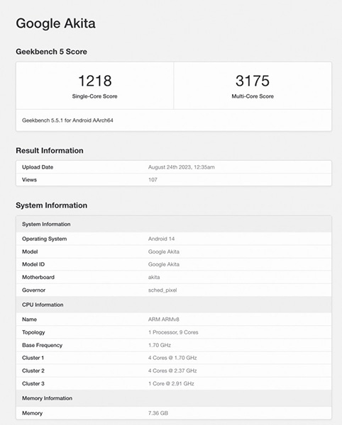رصد هاتف Google Pixel 8a في قاعدة بيانات Geekbench بمعالج Tensor G3 رصد هاتف Google Pixel 8a في قاعدة بيانات Geekbench بمعالج Tensor G3