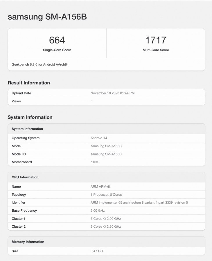 هاتف Galaxy A15 5G يظهر على قاعدة بيانات Geekbench