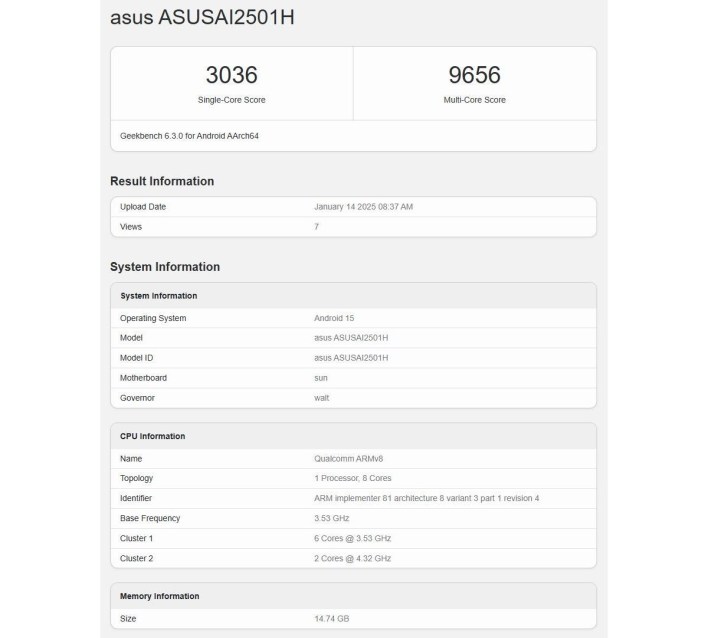 Asus Zenfone 12 Ultra يظهر على قاعدة بيانات Geekbench مع الكشف عن شريحته